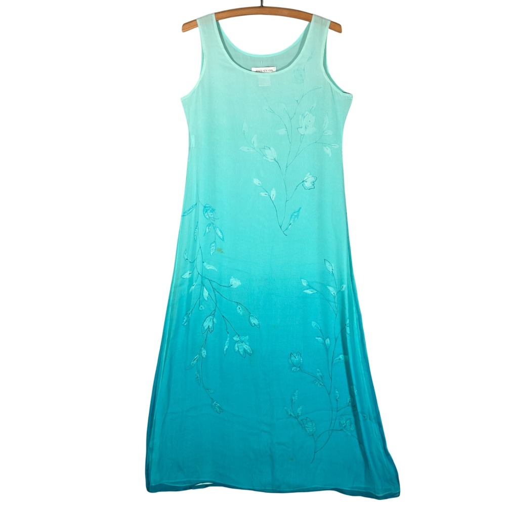 Jones New York Silk Maxi Dress 10 Teal Ombre Floral Fairy Mermaid Ethereal Y2K